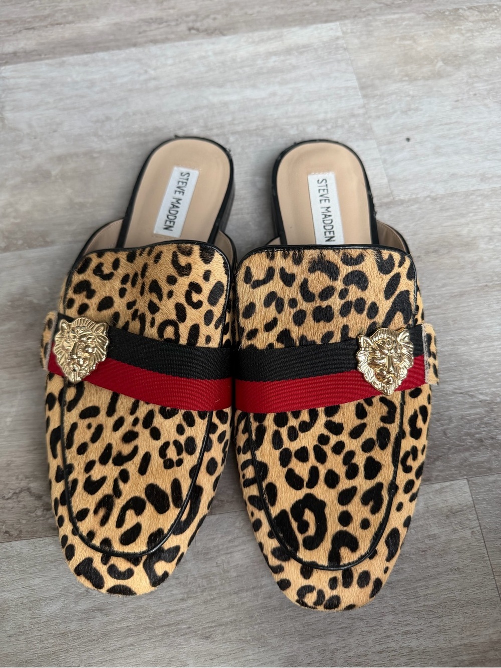 Steve Madden Leopard Print Mules with Red & Black Straps